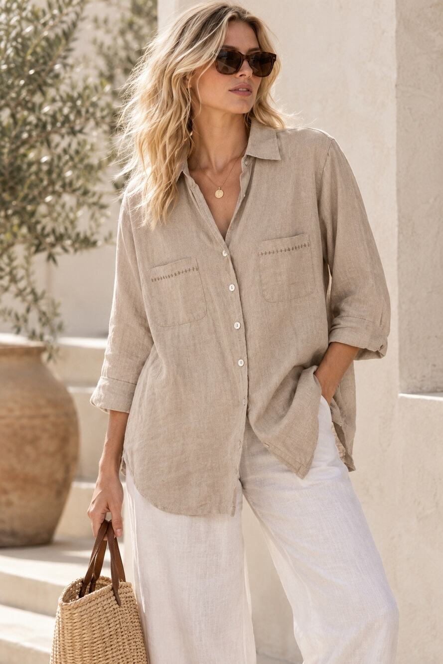 Marks & Spencer 100% Linen Flax Beige 3/4 Sleeve Button Shirt UK 24 Lagenlook